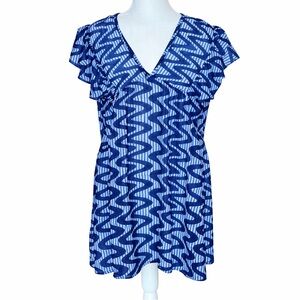 Oliphant Blue and White geometric hand stamped gauzy Indian tunic top lk New L
